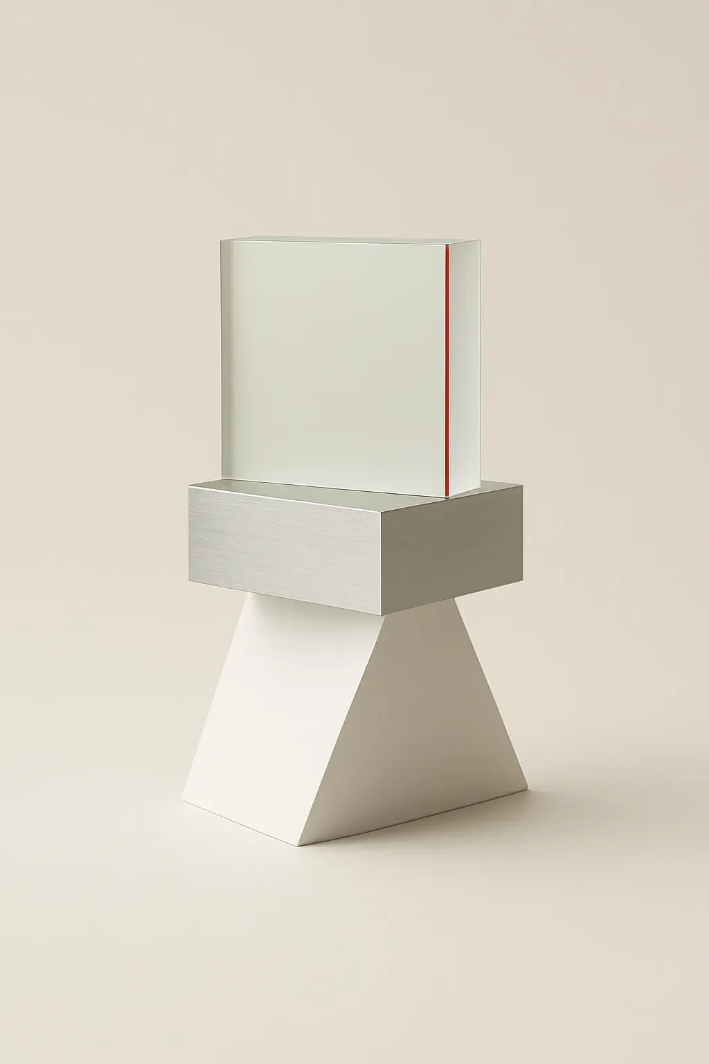 A sculptural glass and metal form on a warm neutral ground, with one coral accent.