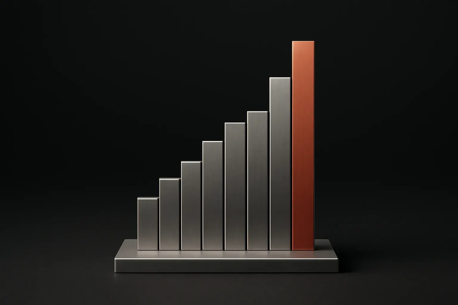 Stacked dark metal bars of different heights on an ink ground, with one coral bar.
