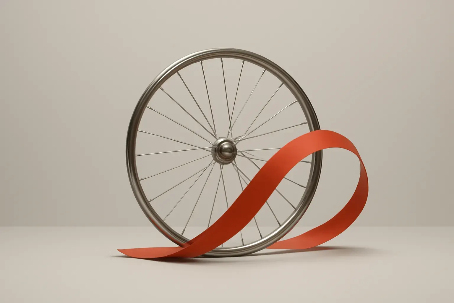 A thin wheel-shaped ring and a curved route line on a warm neutral ground.